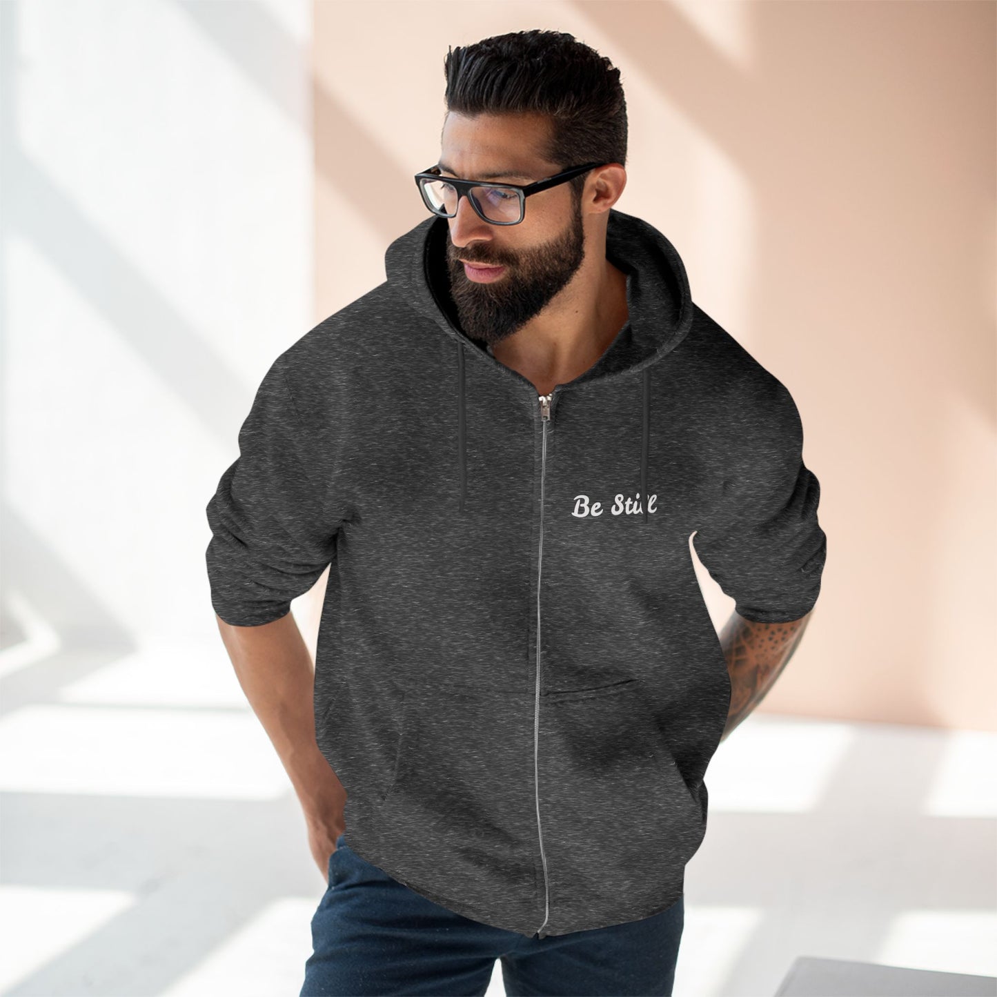 Be Still Zip Hoodie — Minimal Inspirational Zip-Up Hoodie
