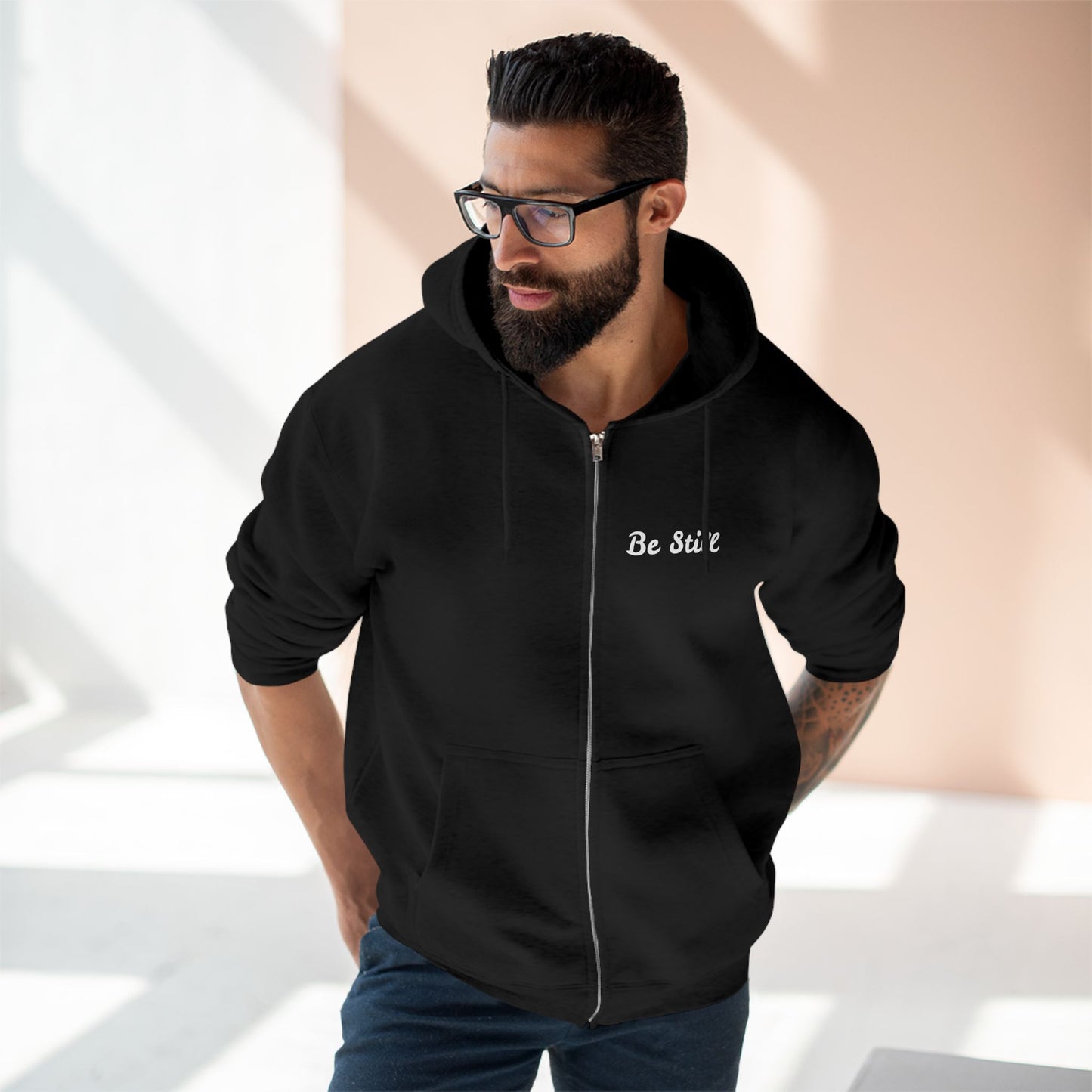 Be Still Zip Hoodie — Minimal Inspirational Zip-Up Hoodie